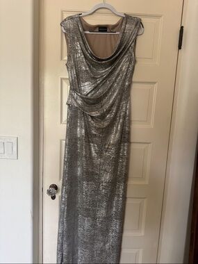 Adrianna Papell Silver Metallic Cowl Neck Maxi Dress